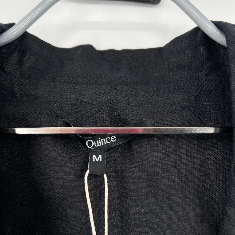 Quince Women's Black Linen Button Front Dress sz M Midi A-Line Belt Short Sleeve - Picture 2 of 9